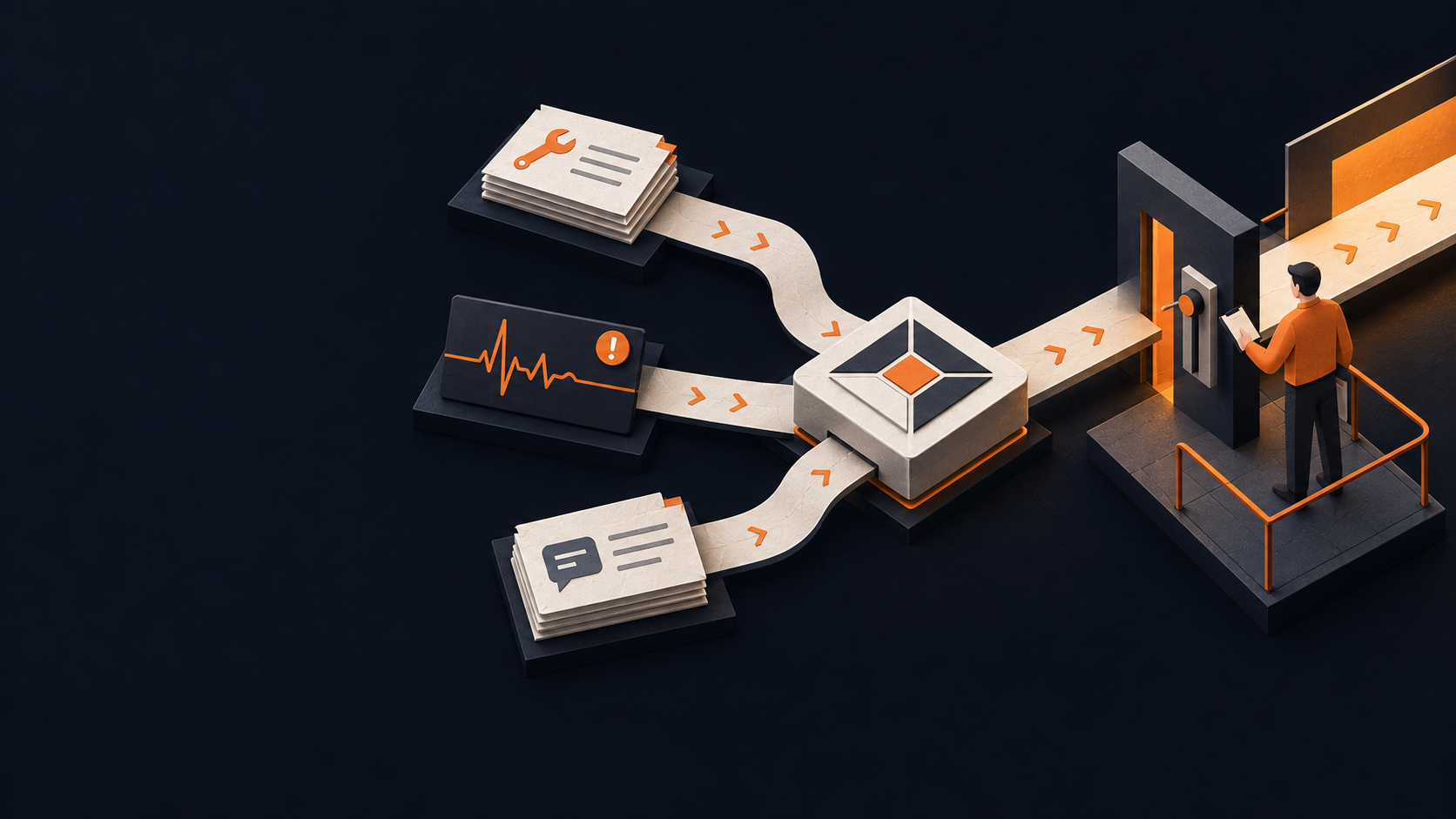 Issue cards, an incident signal, and a support message feed a decision model before a person reviews the next step.